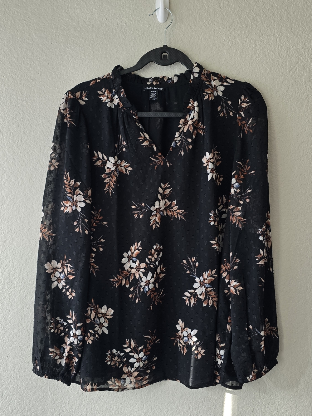 Hilary Radley Black Floral V-Neck Long Sleeve Blouse with Cream and Brown Blooms